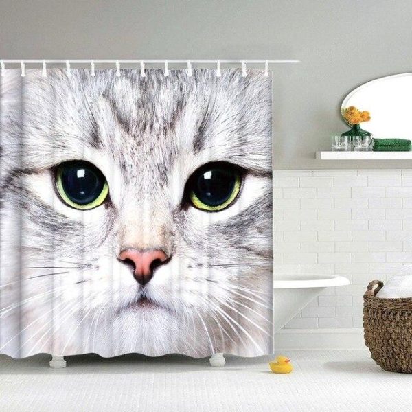 rideau douche chat blanc