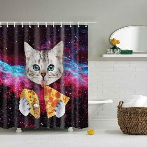 rideau de douche chat pizza multicolore