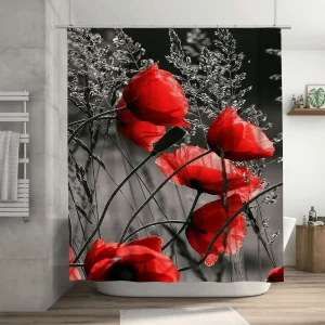 Rideau De Douche Motif Coquelicots Rouges Fond Noir & blanc