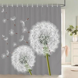 Rideau De Douche motif pissenlit, fond gris