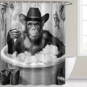 Rideau De Douche  noir et blanc,  Chimpanzé, style western, cowboy