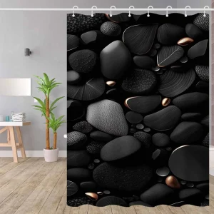 Rideau De Douche Noir, Motif galets élégants