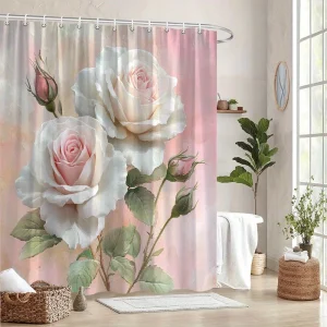 Rideau De Douche Pastel,  Romantique, Aux Roses blanches épanouies
