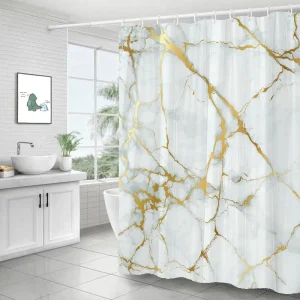 Rideau De Douche Design Blanc & Doré
