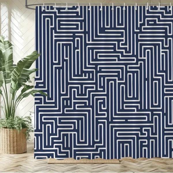 Rideau De Douche Bleu Marine Motif labyrinthe