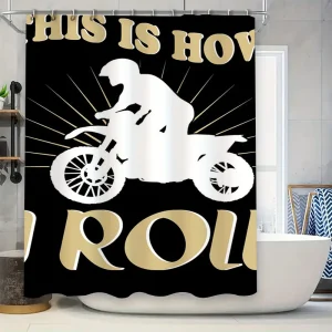 Rideau de douche noir élégant. Motif Moto Texte Doré.